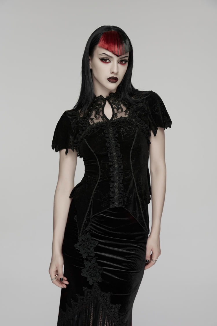 Black Stand Collar Short Sleeves Rose Printed Cut-Out Lace Women's Gothic Blouse