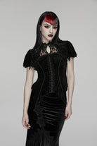 Black Stand Collar Short Sleeves Rose Printed Cut-Out Lace Women's Gothic Blouse