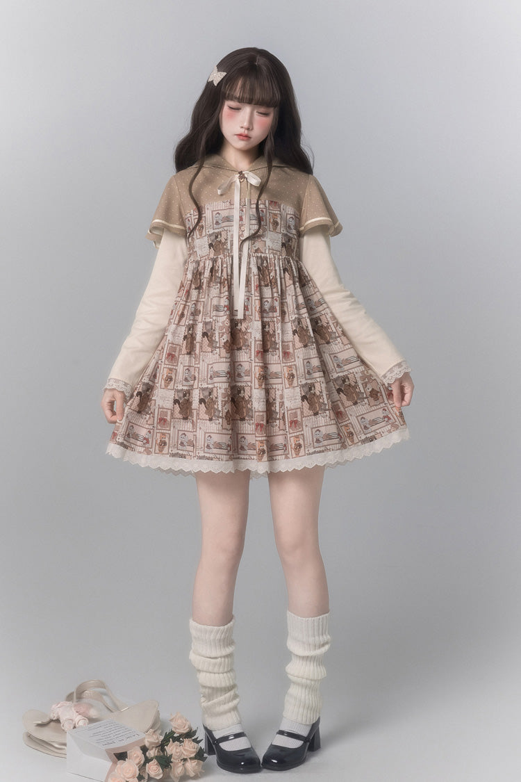 Brown [Bear Stamp] Long Sleeves Printed Hooded Sweet Lolita Dress
