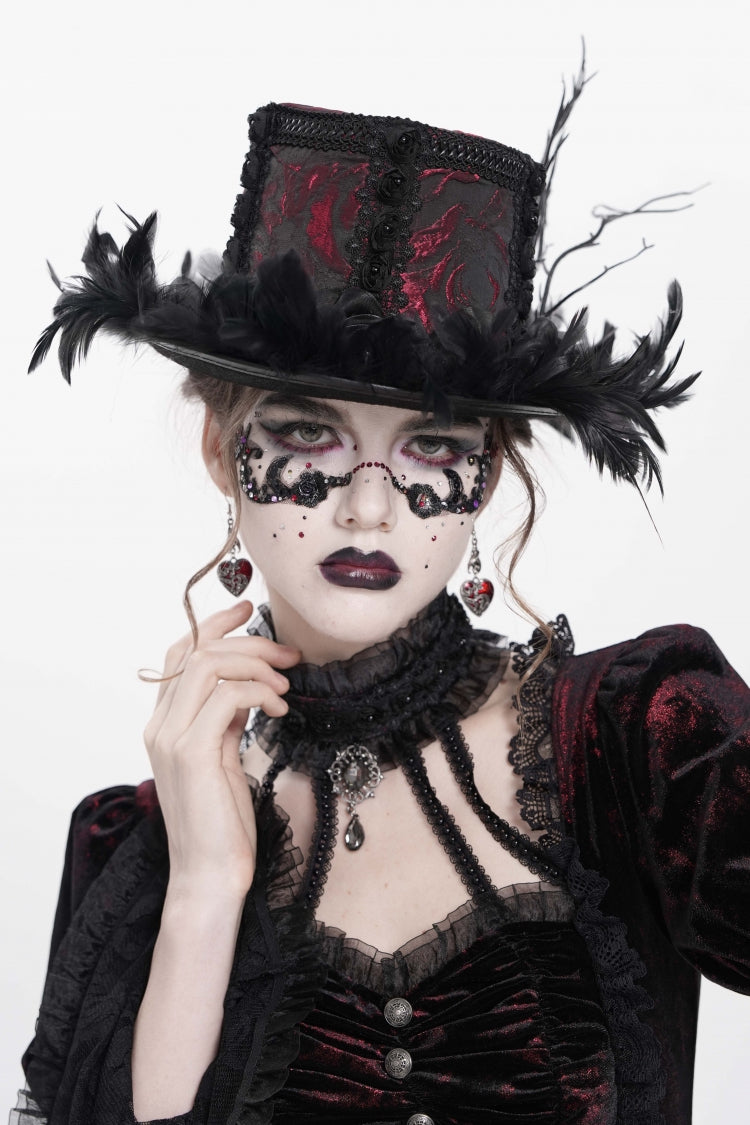 Red Embroidered Women's Gothic Gorgeous Floral Feather Hat