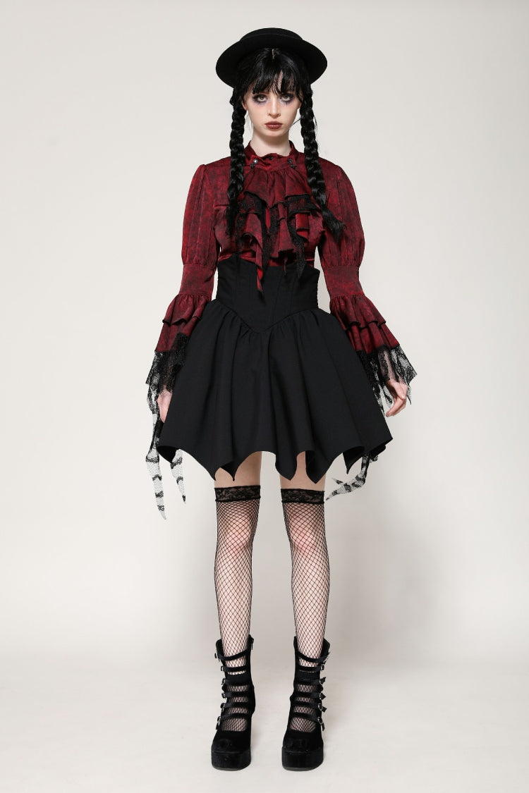 Red Multi-Layered Frilly Lace Long Hime Sleeves Lace-Up Women's Gothic Blouse