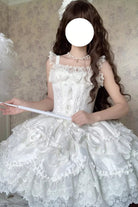 White [Realm of Sea Moon] Square Collar Sleeveless Multi-Layered Jacquard Ruffled Bow Lace Lace-Up Sweet Lolita Jsk Dress
