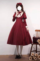 Wine Red [New Year] Stand Collar Long Sleeves Ruffled Bow Classic Lolita Dress