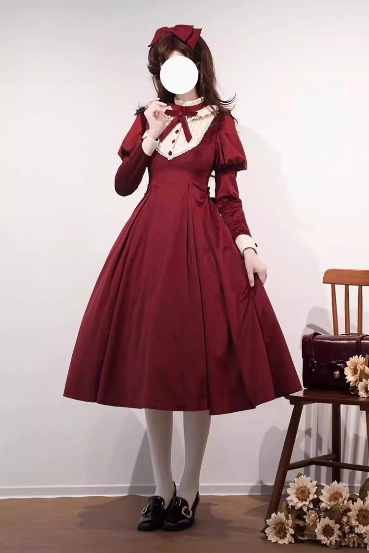 Wine Red [New Year] Stand Collar Long Sleeves Ruffled Bow Classic Lolita Dress