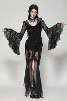 Black Women's Gothic V Collar Long Flared Sleeves Lace Patchwork Blouse