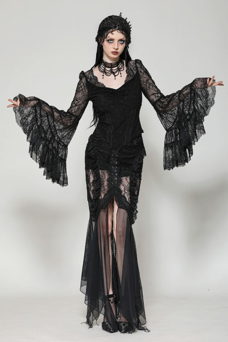 Black Women's Gothic V Collar Long Flared Sleeves Lace Patchwork Blouse