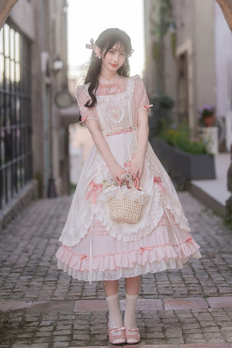 Pink Stand Collar Short Sleeves Ruffled Embroidered Lace Sweet Chinese Inspired Lolita Dress