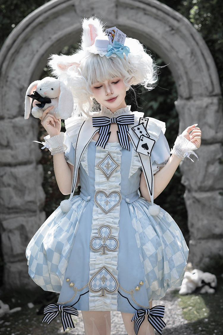 Blue [Dedicated to Alice] Square Collar Short Sleeves Jacquard Printed Ruffled Bow Sweet Lolita Dress Set