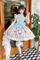 Blue [Sweet Bunny Party] Square Collar Sleeveless Printed Ruffled Bow Sweet Lolita Jsk Dress Set