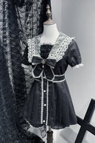 Black [Serenade] Short Sleeves Ruffle Bowknot Lace Sweet Jirai Kei Dress Set
