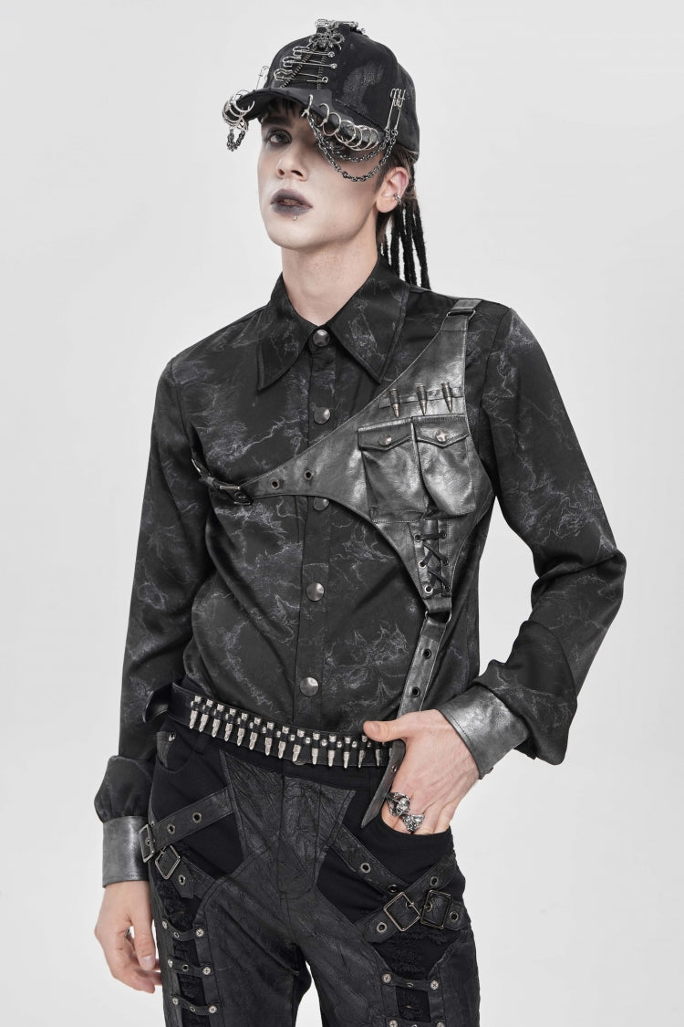 Black Long Sleeves Print Stitching Asymmetric Bullet Men's Punk Blouse