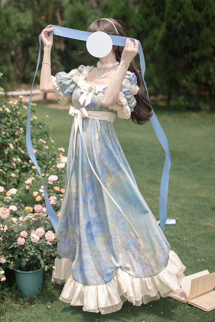 Blue [Oil Painting Sun and Moon Poem] Short Sleeves Print Ruffle Bowknot Sweet Princess Lolita Dress
