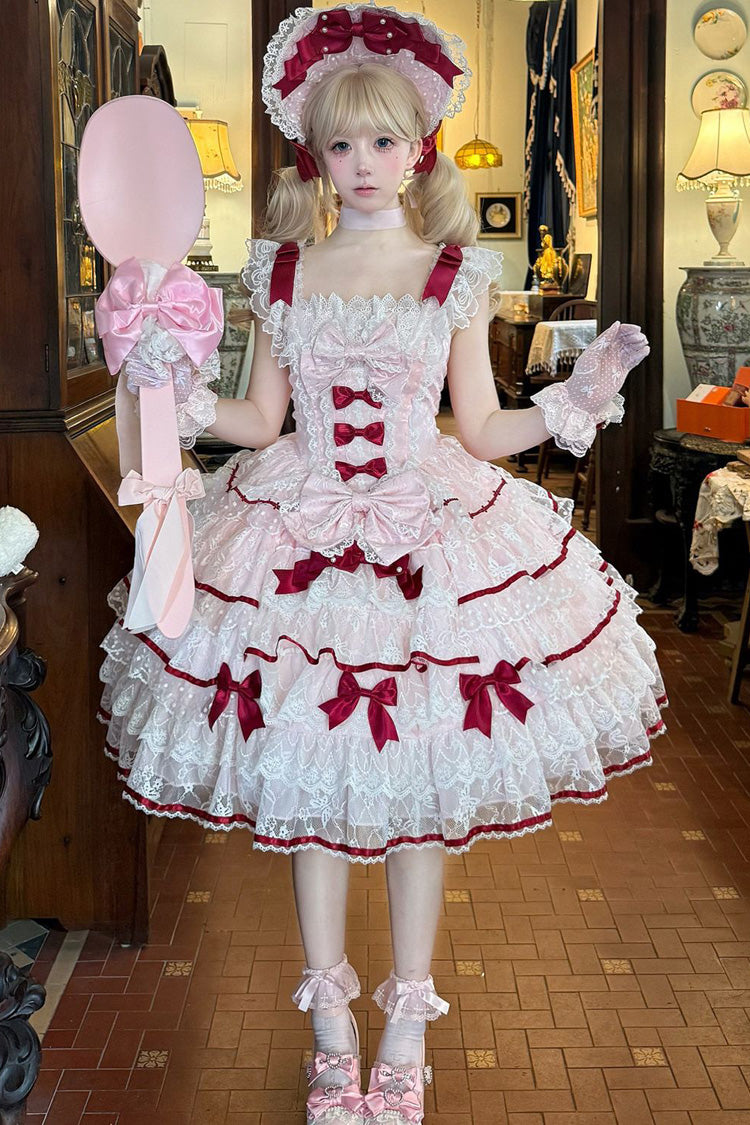 Pink [Moon-Tide Butterfly’s Call] Sleeveless Multi-Layered Ruffle Bowknot Lace Sweet Lolita Jsk Dress