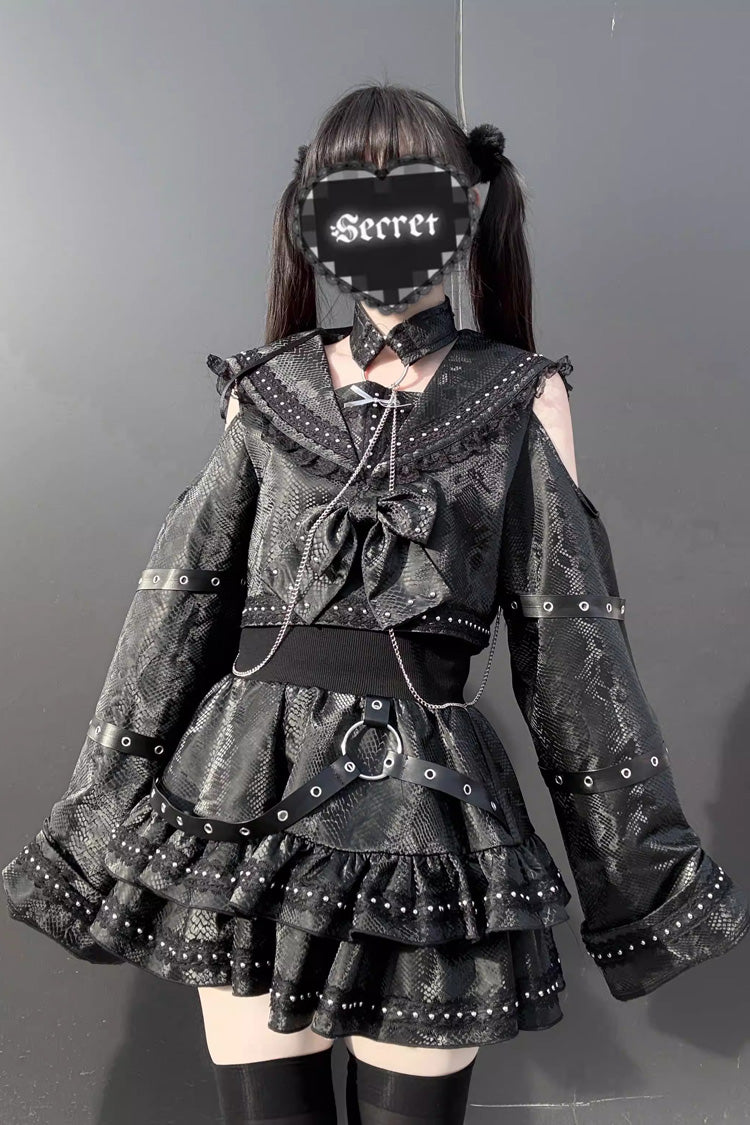 Black [Serpent Devour] Navy Collar Long Sleeves Snake Printed Ruffled Bow Studded Gothic Jirai Kei Skirt Set