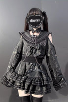 Black [Serpent Devour] Navy Collar Long Sleeves Snake Printed Ruffled Bow Studded Gothic Jirai Kei Skirt Set