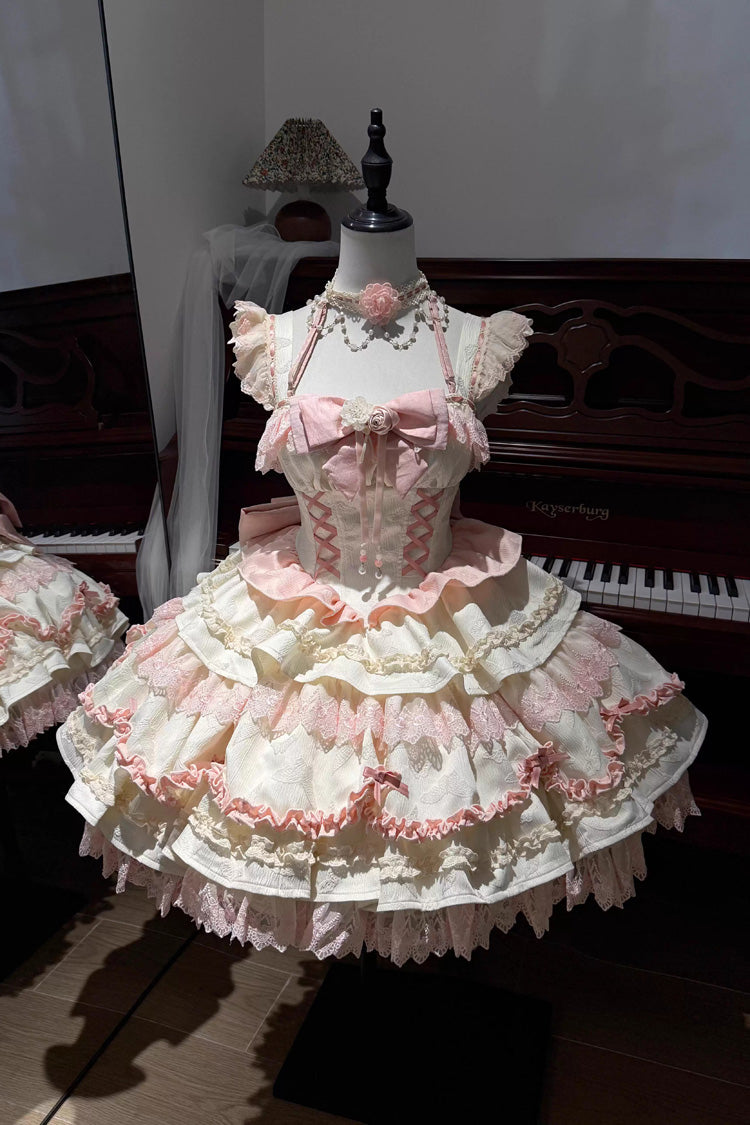 [Floral Bell Dream] Square Collar Multi-Layered Ruffled Embroidered Bow Lace-Up Sweet Lolita Jsk Dress 2 Colors