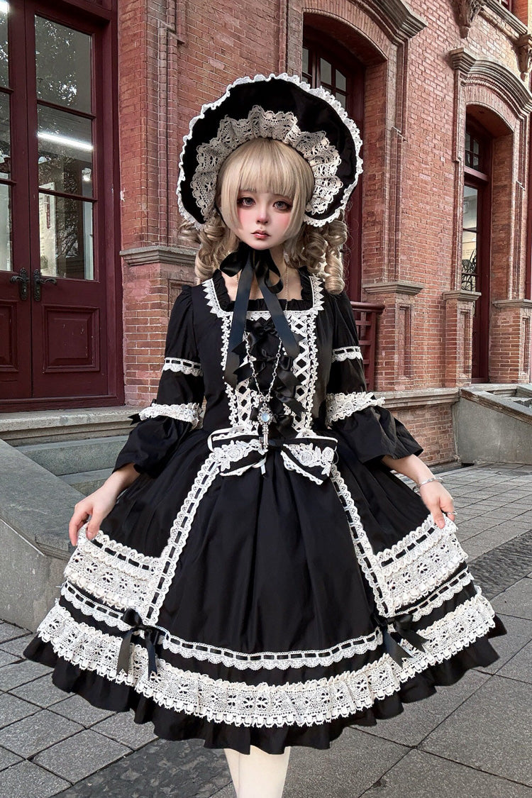 Black Square Collar Long Trumpet Sleeves Bow Lace Lace-Up Gothic Lolita Dress