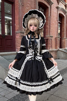 Black Square Collar Long Trumpet Sleeves Bow Lace Lace-Up Gothic Lolita Dress
