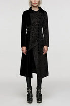 Black Stand Collar Jacquard Print Stitching Womens Gothic Coat
