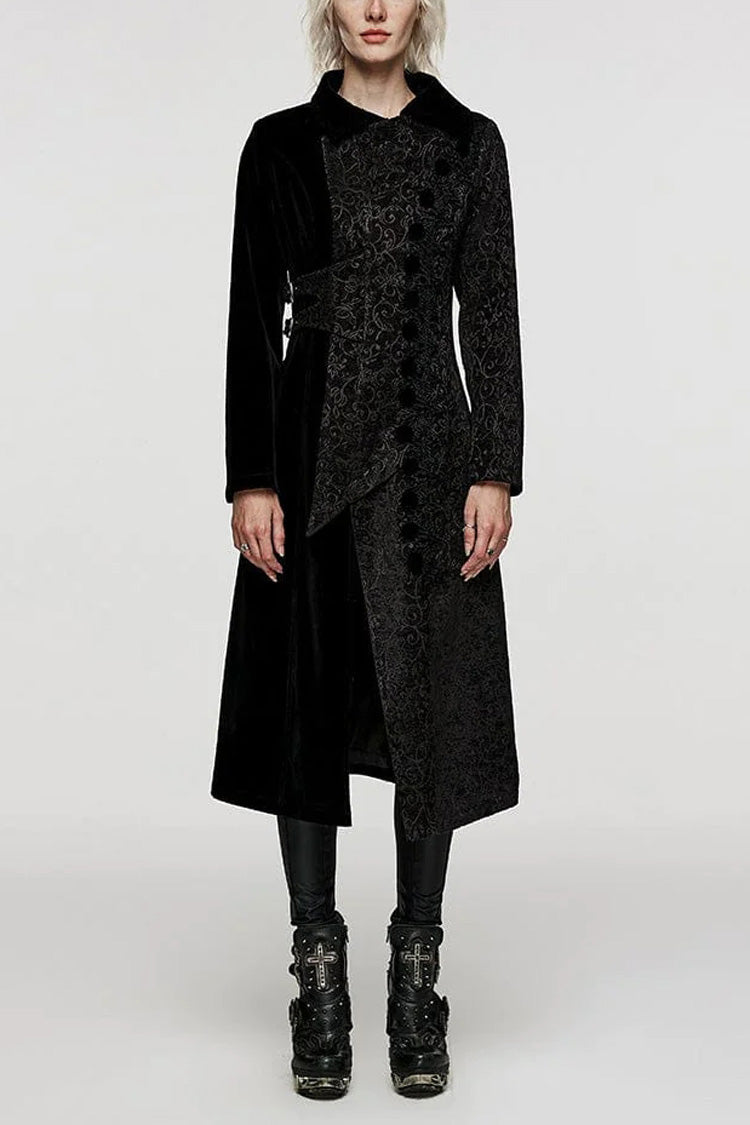 Black Stand Collar Jacquard Print Stitching Womens Gothic Coat