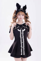 Black Short Sleeves Ruffle Bowknot Fake Two Pieces Jirai Kei Japanese Dress Shorts
