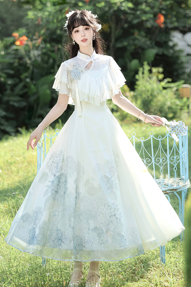 White [Hydrangea Message] Short Sleeves Print Ruffle Lace Sweet Chinese Style Elegant Lolita Dress