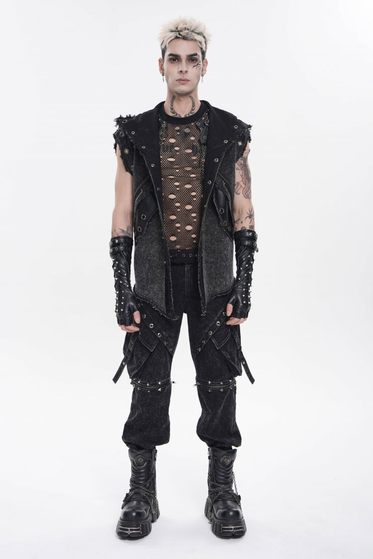 Black Spliced Hooded Buckled Eyelet Men's Punk Cool Vest