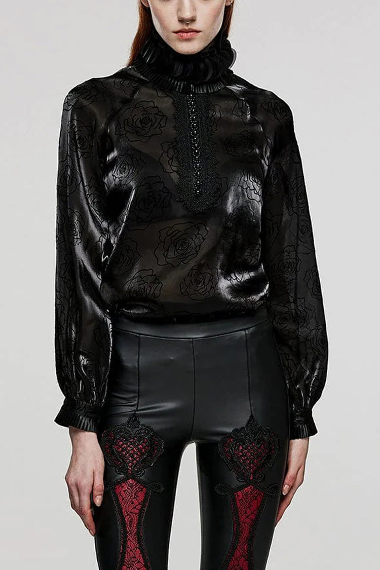 Black Stand Collar Long Lantern Sleeves Rose Print Hook-Button Womens Gothic Blouse