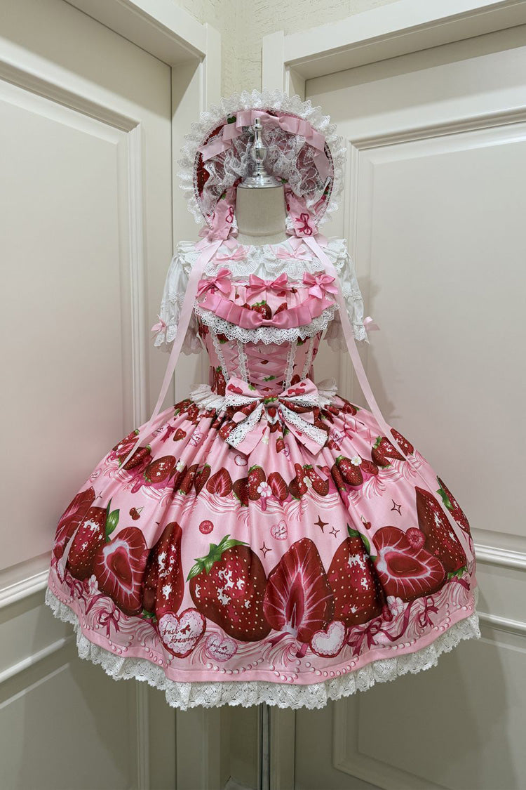 [Sweet Berry Tale] Strawberry Print Ruffle Bowknot Lace Sweet Lolita Jsk Dress 4 Colors