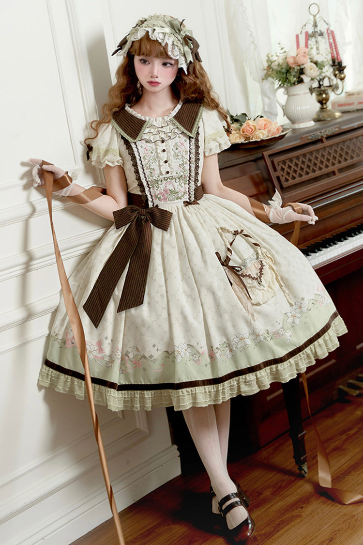 Green/Ivory [Lily] Short Sleeves Print Ruffle Embroidery Bowknot Lace Sweet Elegant Lolita Dress