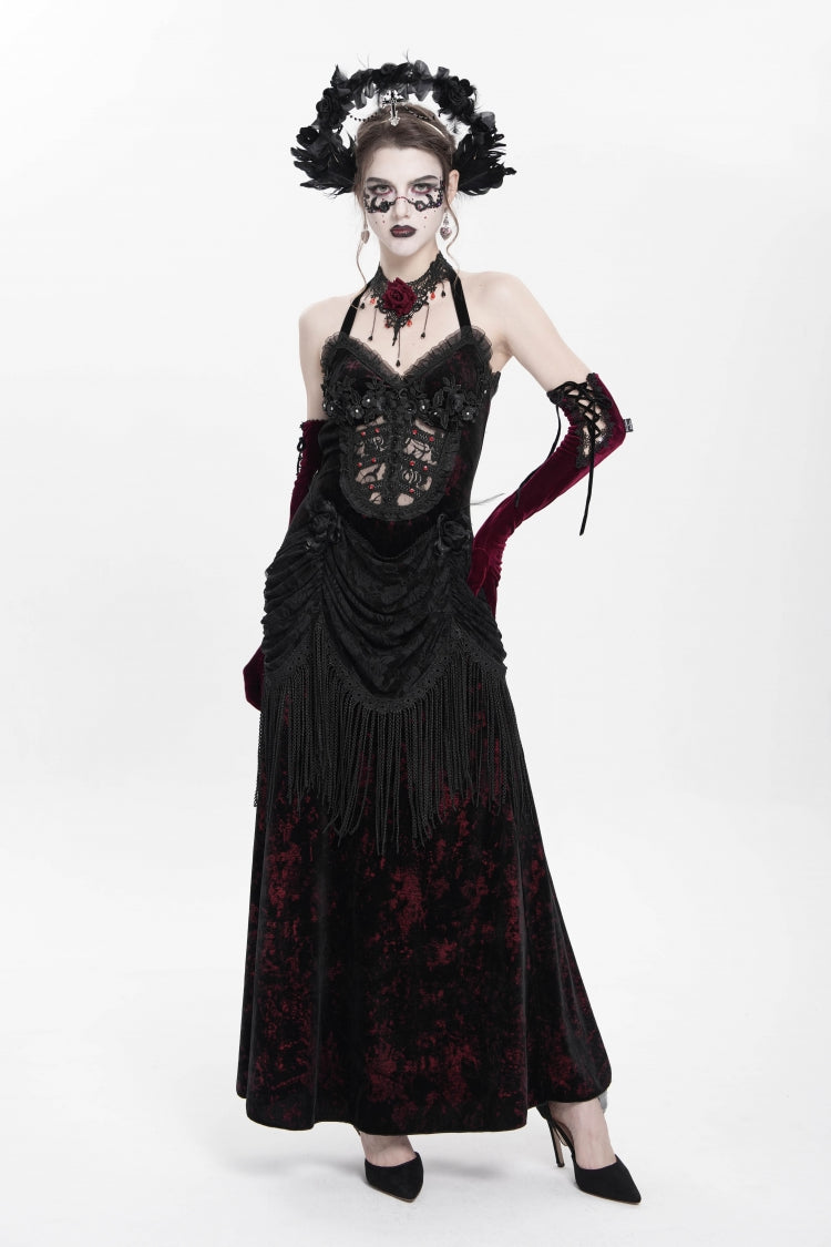 Red Sleeveless Hollow Floral Embroidery Lace-Up Pleated Women's Gothic Maxi Dress