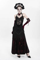 Red Sleeveless Hollow Floral Embroidery Lace-Up Pleated Women's Gothic Maxi Dress