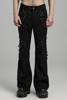 Black Stitching Lace-Up Mesh Men's Gothic Flared Pants