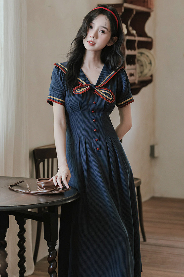 Dark Blue Navy Collar Short Sleeves Subtle Pattern Bow Classic College Style Lolita Dress