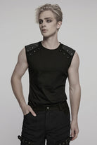 Black Round Collar Sleeveless Studded Stitching Shoulder Patched Men's Punk Vest