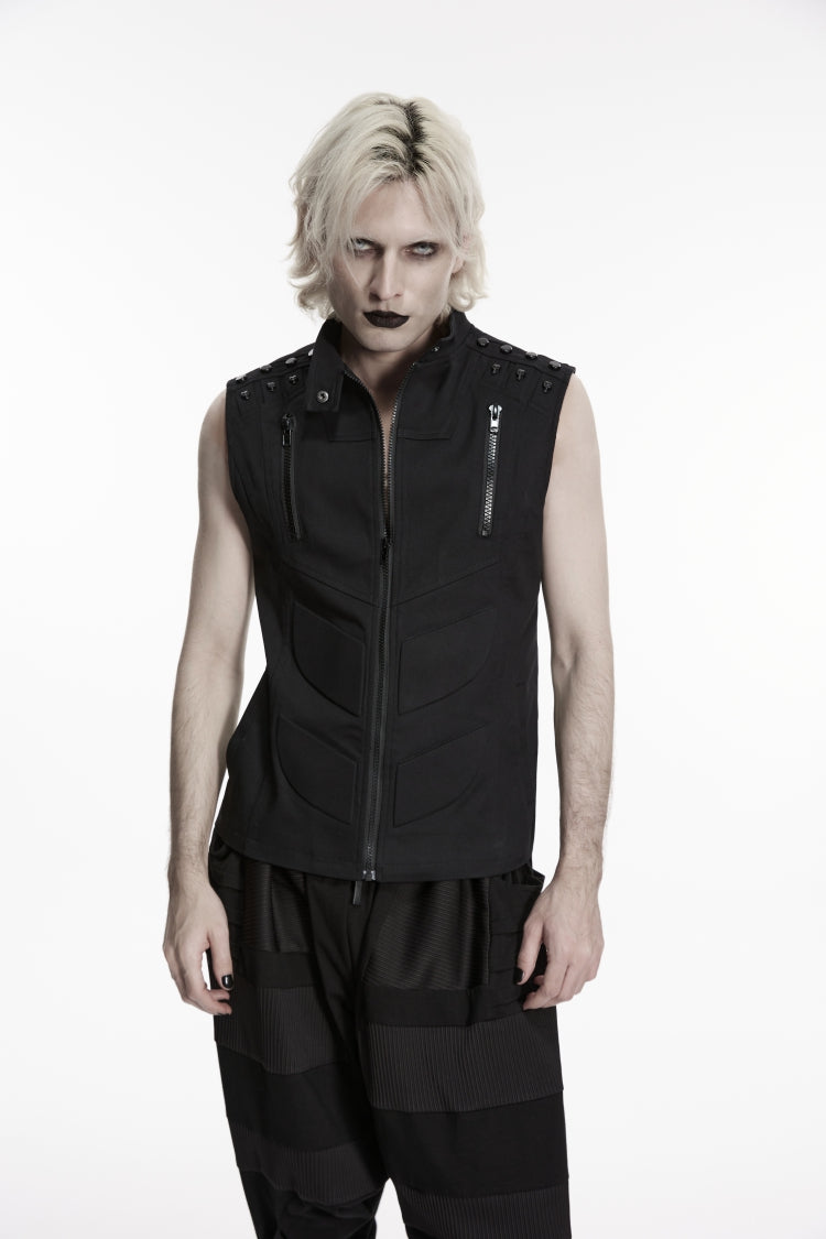 Black Stand Collar Sleeveless Studded Zippered Men's Punk Handsome Vest