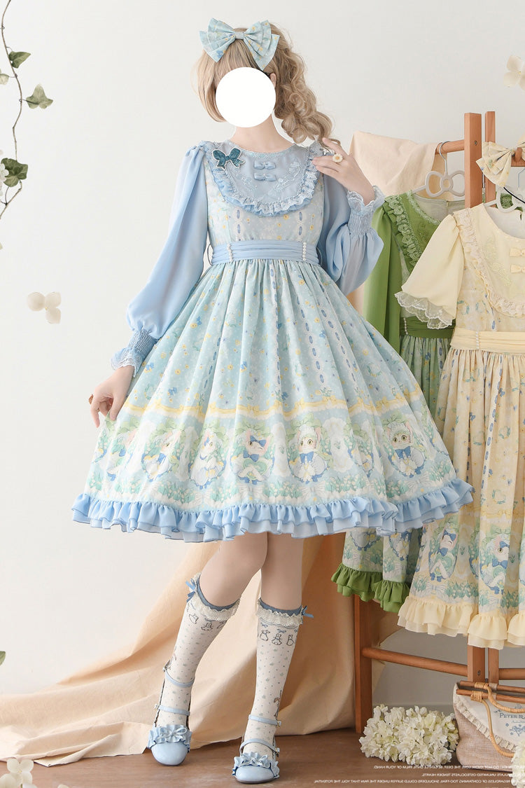 Blue [Lily of the Valley Cat] Print Ruffle Embroidery Bowknot Sweet Lolita Dress