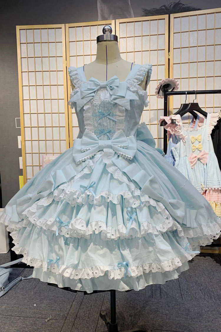 [Grisha] Sleeveless Triple-Layered Ruffle Cardigan Bowknot Lace Sweet Plus Size Lolita Jsk Dress 3 Colors