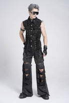 Black Ripped Chain-Decorated Men's Punk Cool Cosplay Pants with Big-pocket