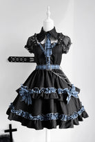 Black [Dark Night Starlight] Chain Ruffle Bowknot Lace Buckle Gothic College Style Lolita Dress Set