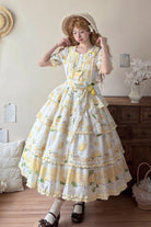 White [Lemon Chicken] Short Sleeves Triple-Layered Print Ruffle Bowknot Lace Sweet Gorgeous Lolita Dress