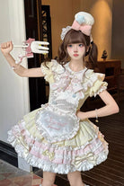 Yellow/Pink [Sweet Bunny Chef] Short Sleeves Multi-Layered Ruffle Bowknot Sweet Lolita Dress