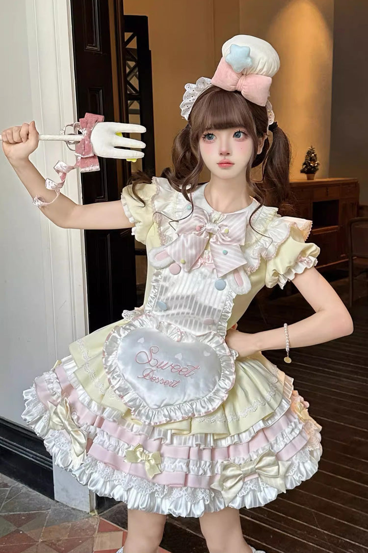 Yellow/Pink [Sweet Bunny Chef] Short Sleeves Multi-Layered Ruffle Bowknot Sweet Lolita Dress