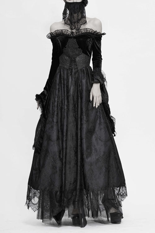 Black Sexy Off Shoulder Lace Pleated Womens Formal Gothic Long Dress With Fur Collar