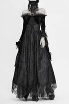 Black Sexy Off Shoulder Lace Pleated Womens Formal Gothic Long Dress With Fur Collar