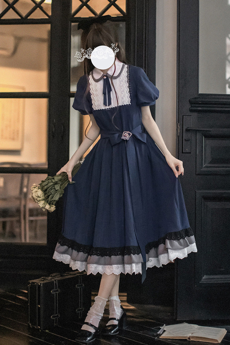 Blue [Phyllis] Lapel Collar Short Sleeves Printed Bow Classic Vintage Elegant Lolita Dress