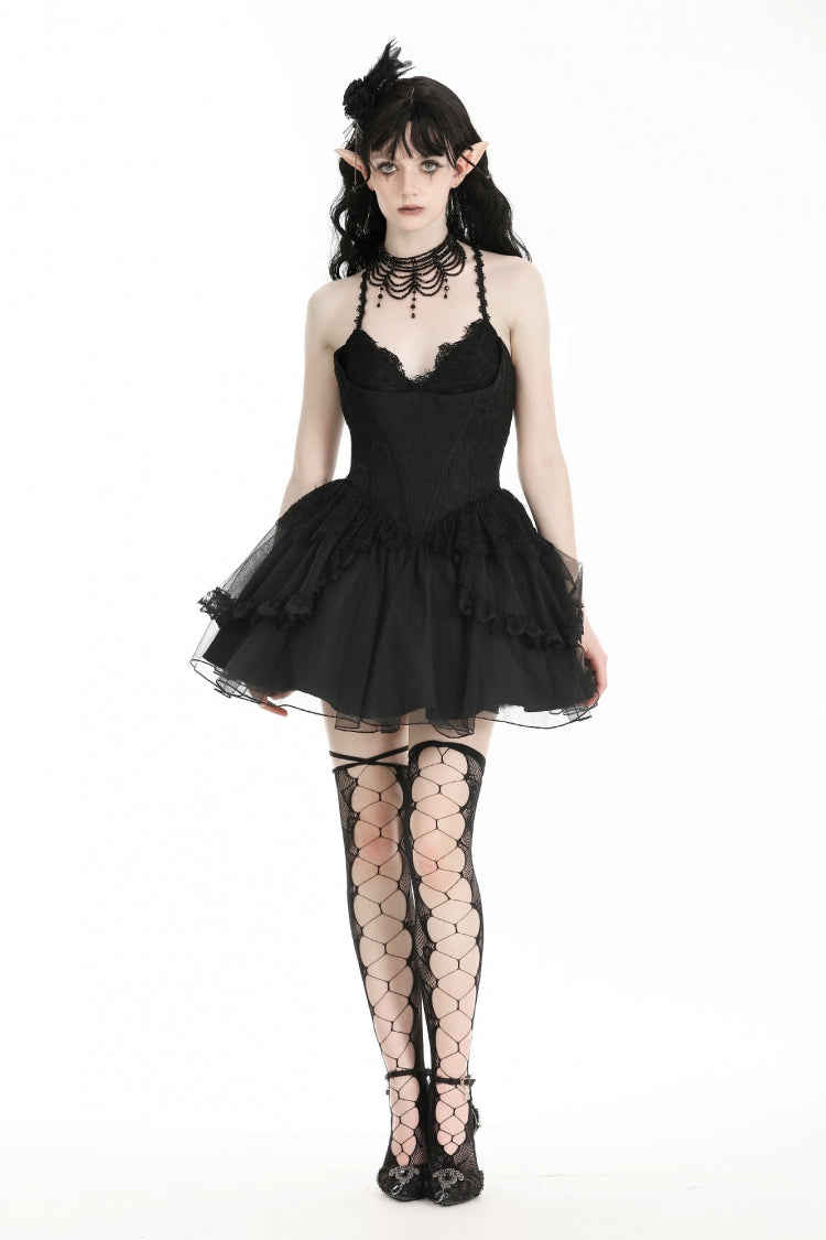 Black V Collar Sleeveless Multi-Layered Lace Trim Lace-Up Women's Gothic Party Slip Graduation Dress