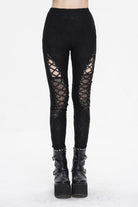 Black Strappy Mesh Splice Ruched Women's Punk Leggings