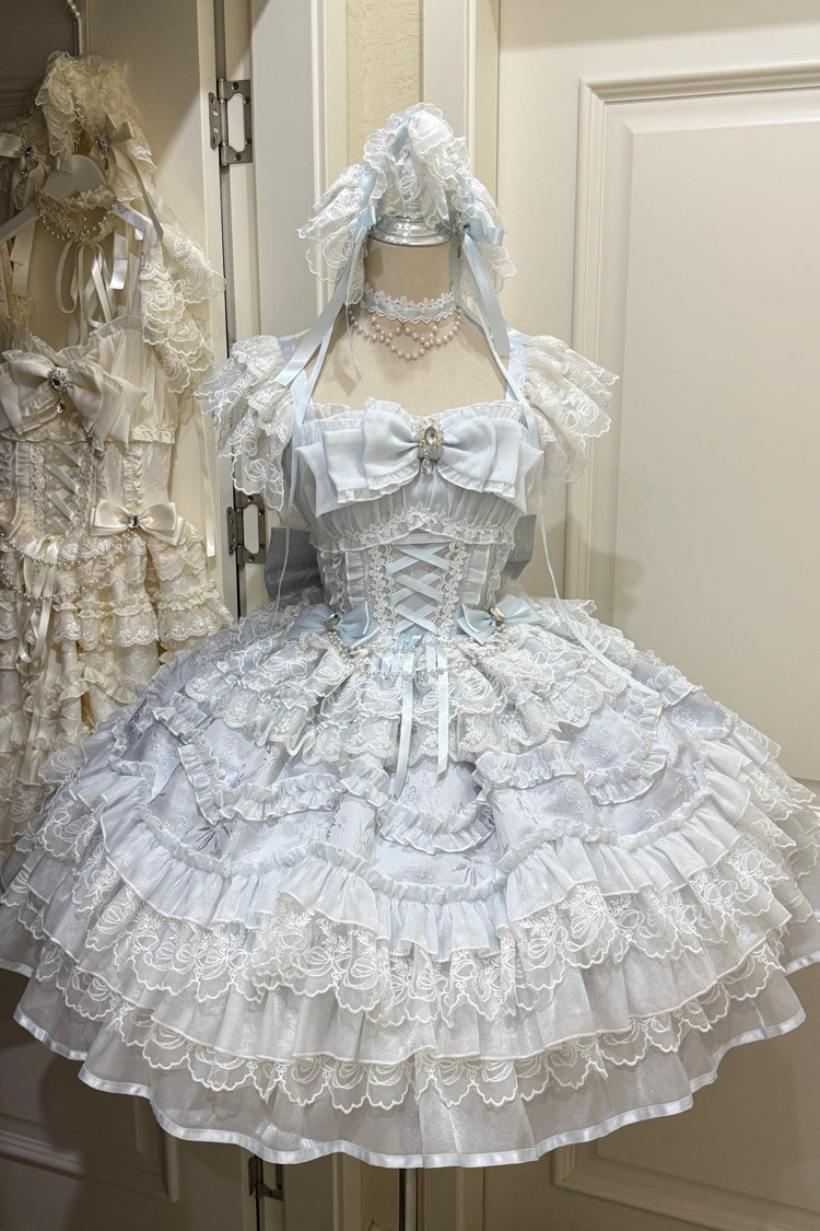 Blue [Eternal Vow] Sleeveless Multi-Layered Ruffle Hanayome Bowknot Lace Lace-Up Sweet Lolita Jsk Dress