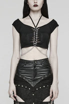 Black Short Sleeves Hollow Metal Chain Womens Steampunk Halterneck T-Shirt